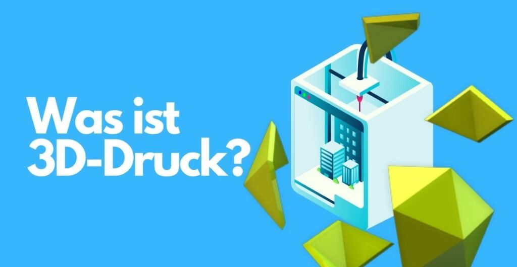 "Was ist 3D-Druck" Text mit illustrierten 3D-Drucker 