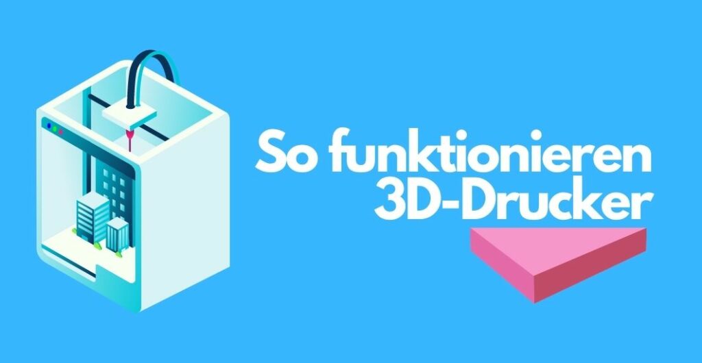 Illustrierter 3D-Drucker und "So funktionieren 3D-Drucker" Schriftzug+Illustration