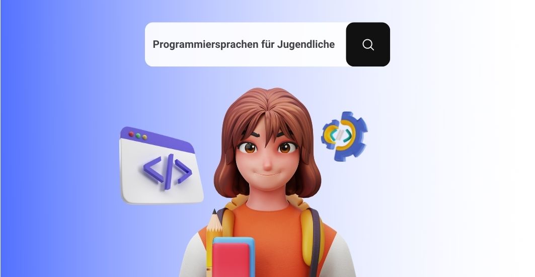 Illustration eines Jugendlichen und Programmiersprachen