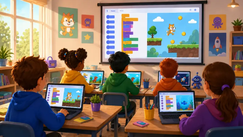 Kinder sitzen am Laptop und programmieren mit Scratch eigene Spiele