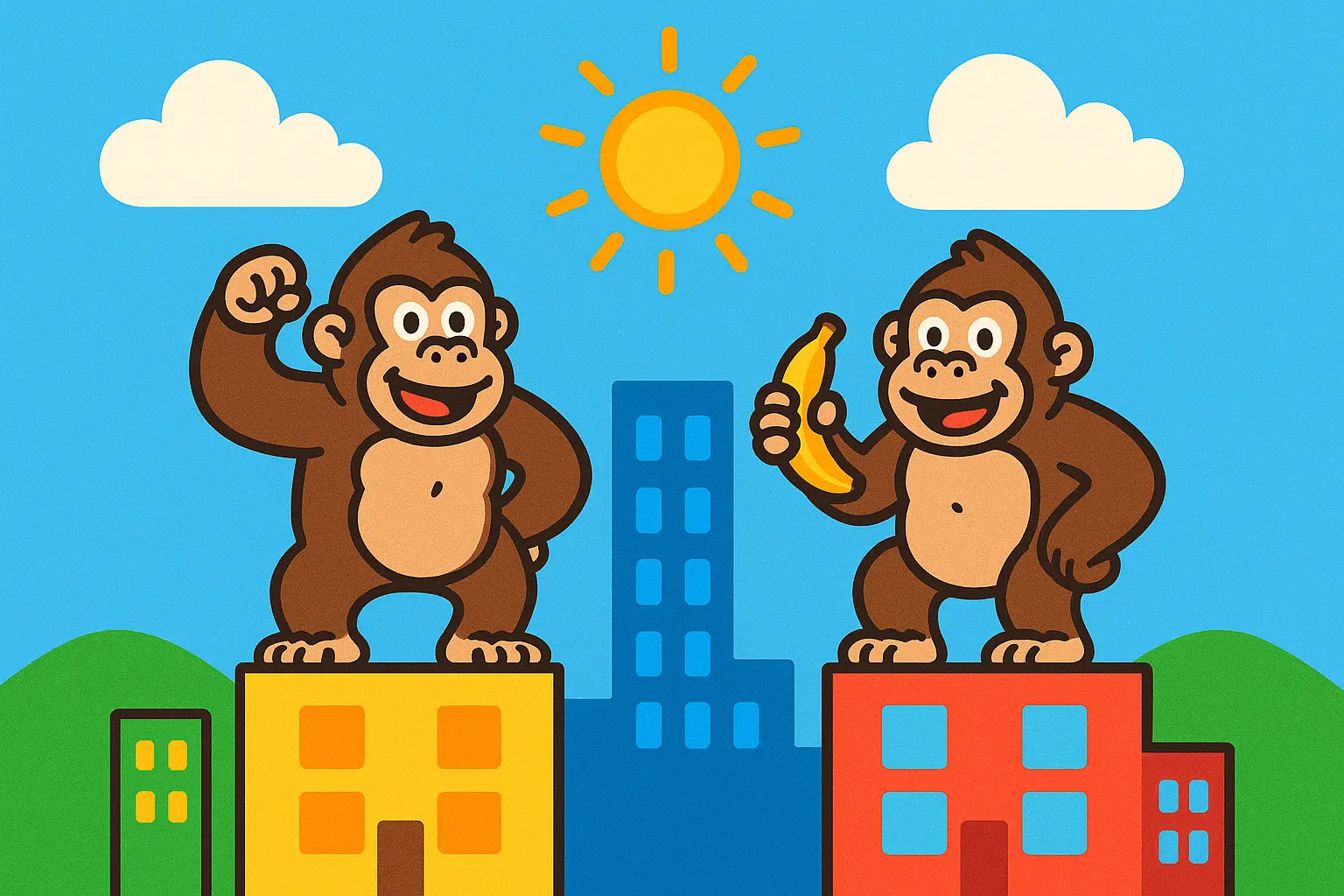 Zwei riesige Gorillas stehen auf den Dächern einer Stadt